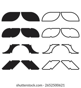 Um conjunto de formas vetoriais simétricas e abstratas semelhantes a arcos ou asas estilizadas, em versões sólidas e contornadas para design gráfico.