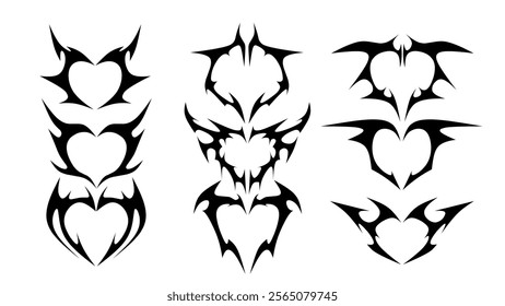 set of symmetrical black tribal vector designs with heart shapes, sharp edges, and gothic elements. Perfect for tattoos, logos, or decorative purposes, offering a bold and edgy aesthetic.