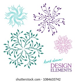 set of symmetrical design elements of vines and ivy and abstract doodle lines in a kaleidoscope style graphic art decoration with curls and swirls that are hand drawn and isolated on white background