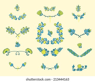 Set of symmetrical floral graphic design elements