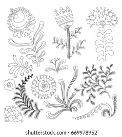 Set of symmetrical floral graphic design elements for coloring book