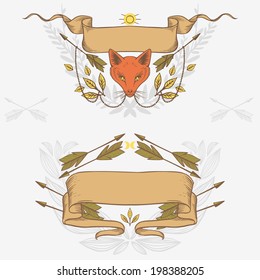 Set of symmetrical graphic design elements with fox head, arrows and other hipster symbols