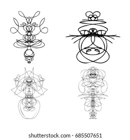 Set of symmetrical graphic design elements. Abstract geometric hand drawn symbols styles shapes. Occultism, sacred geometry magic alien. Vector.