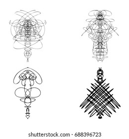 Set of symmetrical graphic design elements. Abstract geometric hand drawn symbols styles shapes. Occultism, sacred geometry magic alien. Vector.