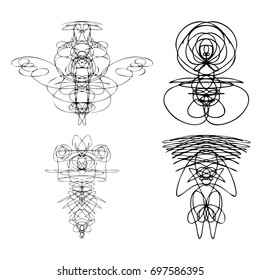 Set of symmetrical graphic design elements. Abstract geometric hand drawn symbols styles shapes. Occultism, sacred geometry magic alien. Vector.