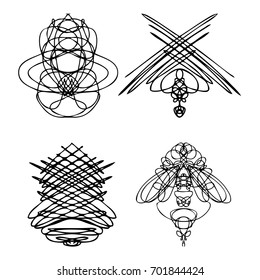 Set of symmetrical graphic design elements. Abstract geometric hand drawn symbols styles shapes. Occultism, sacred geometry magic alien. Vector.