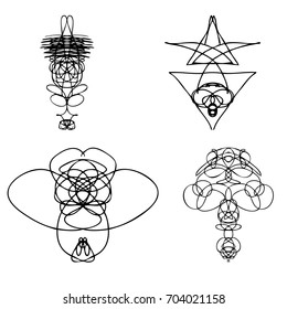 Set of symmetrical graphic design elements. Abstract geometric hand drawn symbols styles shapes. Occultism, sacred geometry magic alien. Vector.