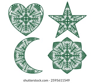 A set of symmetrical mandala patterns designed in shapes including hearts, stars, crescents and flowers. The art style is intricate and highly detailed. Suitable for graphic design Clothing printing,