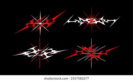 Set of symmetrical neo tribal cyber gothic vector design with red white elements. It features angular lines and starburst effects, creating a bold, futuristic aesthetic