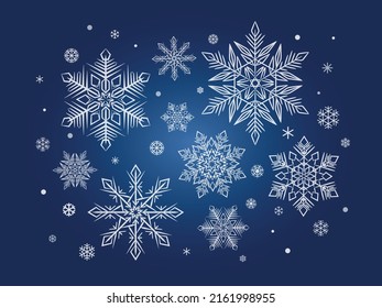 Eine Reihe symmetrischer, runder Schneeflocken. Weiße Schneeflocken auf blauem Hintergrund. Schneeflocken-Vorlagen verschiedener Größen. Drucken von Postkarten. Vektorbild.