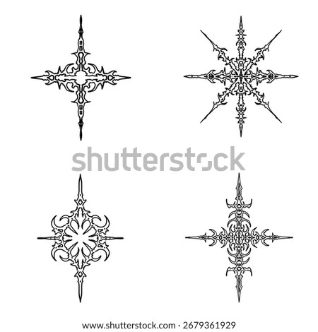 Set of symmetrical tribal cross vector designs with sharp gothic ornaments, perfect for tattoo art, emblems, and decorative streetwear elements