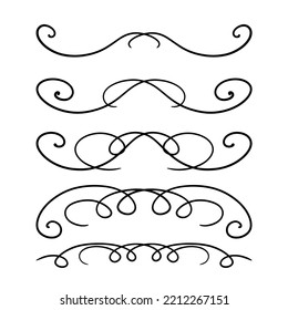 A set of symmetrical vector dividers with large swirls, hand-drawn with a black line, isolated borders for a design template