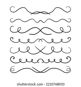 A set of symmetrical vector dividers with swirls, hand-drawn with a black line, isolated borders for a design template