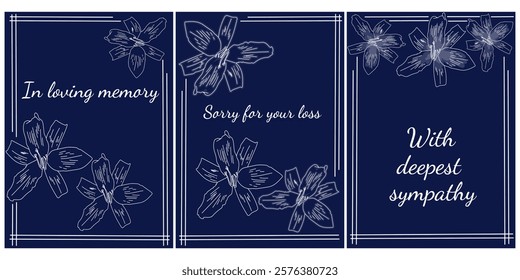 set of sympathy cards with thematic phrases and outline white lilies, Condolence vertical design vector illustration
