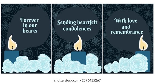 Set of sympathy cards with thematic phrases, a candle and white roses, Condolence vertical design vector illustration