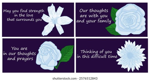 Set of sympathy cards with thematic phrases and different flowers, Condolence horizontal design vector illustration
