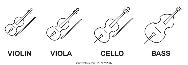 Set of symphonic string musical instruments. Set of stringed instruments with title in thin line. EPS 10.