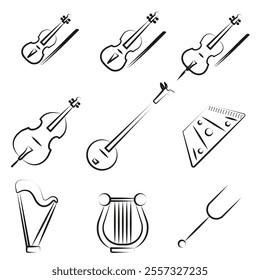 Set of symphonic string musical instruments. Set of stringed instruments with title in thin line. EPS 10.