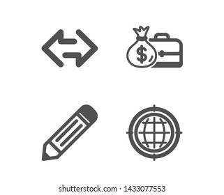 Set of Sync, Pencil and Salary icons. Seo internet sign. Synchronize, Edit data, Diplomat with money bag. Globe.  Classic design sync icon. Flat design. Vector