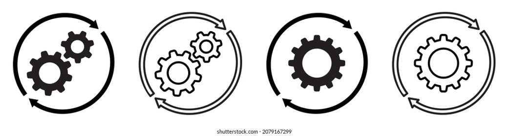 Set of sync process icons. Gear sign in arrow. Gear rotate. Cogwheel vector.