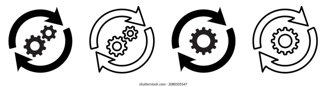 Set of sync process icons. Gear sign in arrow. Gear rotate. Cogwheel vector.