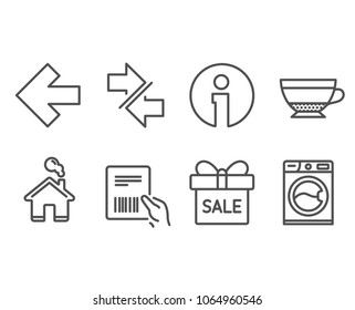 Set of Synchronize, Dry cappuccino and Left arrow icons. Parcel invoice, Sale offer and Washing machine signs. Communication arrows, Beverage mug, Direction arrow. Vector