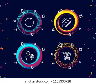 Set of Synchronize, Engineer and Stairs icons. Add products sign. Refresh or update, Worker with cogwheel, Stairway. Shopping cart.  Circle banners with line icons. Gradient colors shapes. Vector