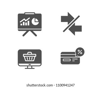 Set of Synchronize, Web shop and Presentation icons. Cashback sign. Communication arrows, Shopping cart, Board with charts. Non-cash payment.  Quality design elements. Classic style. Vector