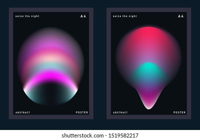 Set of synthwave minimal futuristic posters for music party with gradient vivid colorful blurry spots. Neon ultraviolet lights on dark background.