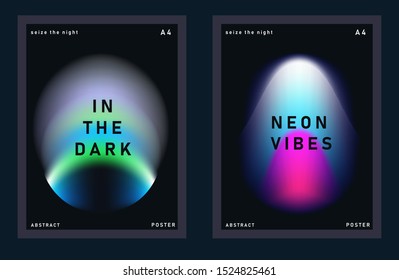Set of synthwave minimal futuristic posters for music party with gradient vivid colorful blurry spots. Neon ultraviolet lights on dark background.
