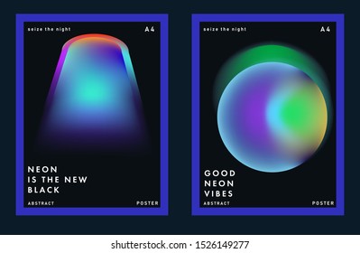Juego de pósters futuristas mínimos de ondas sintéticas para la fiesta de música con colores vivos degradados de manchas negras. Luz ultravioleta neón sobre fondo oscuro.
