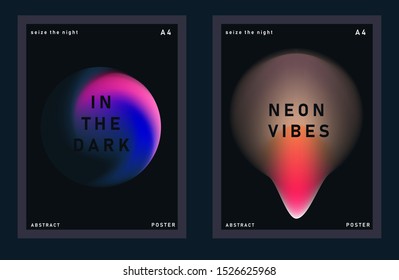 Set of synthwave minimal futuristic posters for music party with gradient vivid colorful blurry spots. Neon ultraviolet lights on dark background.