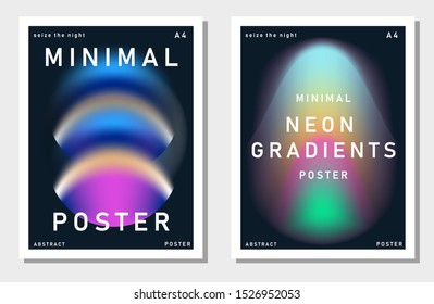 Set of synthwave minimal futuristic posters for music party with gradient vivid colorful blurry spots. Neon ultraviolet lights on dark background.