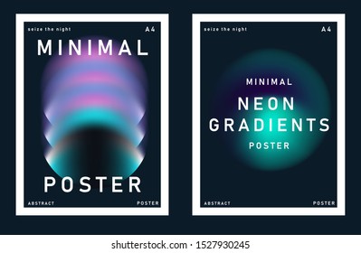 Set of synthwave minimal futuristic posters for music party with gradient vivid colorful blurry spots. Neon ultraviolet lights on dark background.