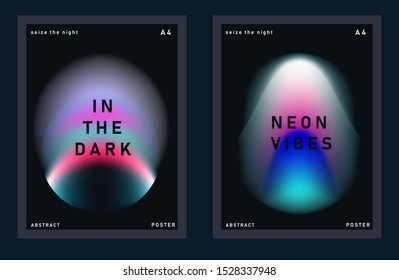Set of synthwave minimal futuristic posters for music party with gradient vivid colorful blurry spots. Neon ultraviolet lights on dark background.