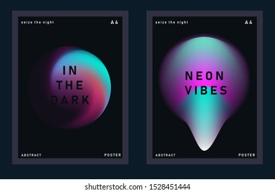 Set of synthwave minimal futuristic posters for music party with gradient vivid colorful blurry spots. Neon ultraviolet lights on dark background.
