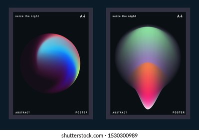 Set of synthwave minimal futuristic posters for music party with gradient vivid colorful blurry spots. Neon ultraviolet lights on dark background.