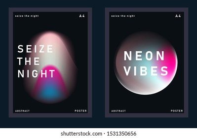 Set of synthwave minimal futuristic posters for music party with gradient vivid colorful blurry spots. Neon ultraviolet lights on dark background.