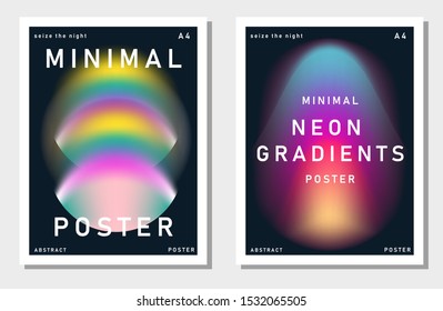 Set of synthwave minimal futuristic posters for music party with gradient vivid colorful blurry spots. Neon ultraviolet lights on dark background.