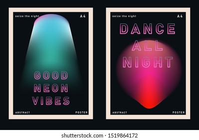 Set of synthwave neo-noir posters for music party with gradient blurry lights and glowing ultraviolet headline text made of neon tubes. Cover for DJ party invitation, music event, club flyer.