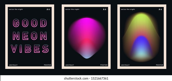 Set of synthwave neo-noir posters for music party with gradient blurry lights and glowing ultraviolet headline text made of neon tubes. Cover for DJ party invitation, music event, club flyer.