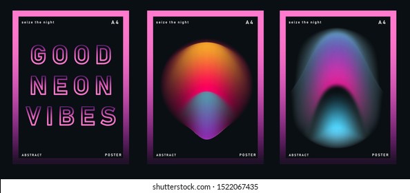 Set of synthwave neo-noir posters for music party with gradient blurry lights and glowing ultraviolet headline text made of neon tubes. Cover for DJ party invitation, music event, club flyer.