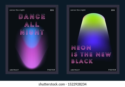 Set of synthwave neo-noir posters for music party with gradient blurry lights and glowing ultraviolet headline text made of neon tubes. Cover for DJ party invitation, music event, club flyer.
