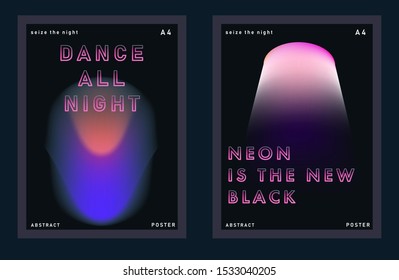 Set of synthwave neo-noir posters for music party with gradient blurry lights and glowing ultraviolet headline text made of neon tubes. Cover for DJ party invitation, music event, club flyer.