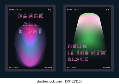 Set of synthwave neo-noir posters for music party with gradient blurry lights and glowing ultraviolet headline text made of neon tubes. Cover for DJ party invitation, music event, club flyer.