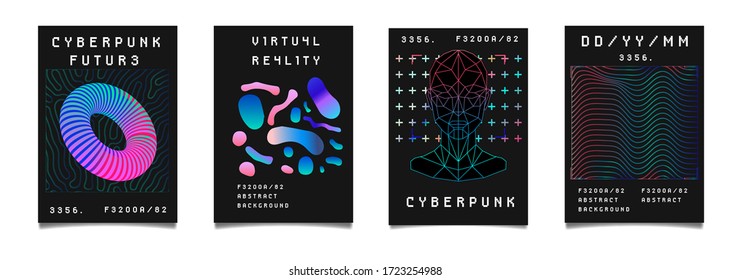 Set of synthwave style posters with geometric surreal elements. Collection of futuristic cyberpunk covers for Information technology, biology and science events.