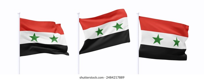 Set von syrischen schwenkenden Flagge auf Fahnenmast. Realistische 3D-Design-Flagge weht auf isoliertem weißem Hintergrund. Vektorillustration
