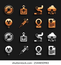 Set Syringe, Acid rain, Radiation warning document, Radioactive location, Biohazard symbol, Cigarette, Stop colorado beetle and Bottle with potion icon. Vector