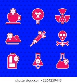 Set Syringe, Bottle with potion, Beaker toxic liquid, Bones and skull, Experimental mouse, Radioactive and Coffee cup icon. Vector