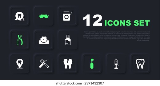 Set Syringe, Broken tooth, Otolaryngological head reflector, Electric toothbrush, Dental pliers, mirror and probe, Safety goggle glasses and  icon. Vector